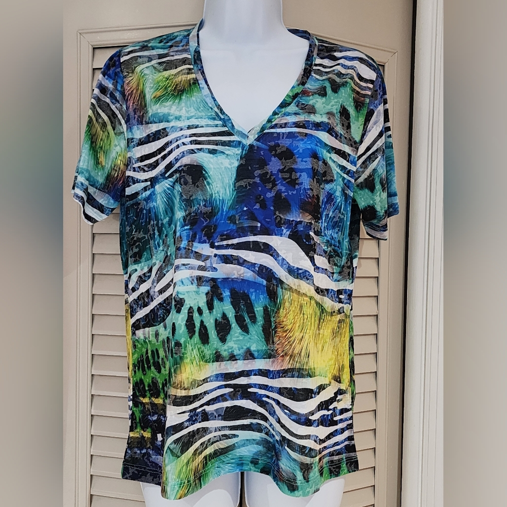 Alison Sheri Vibrant Blue and Green V-Neck Women's Top